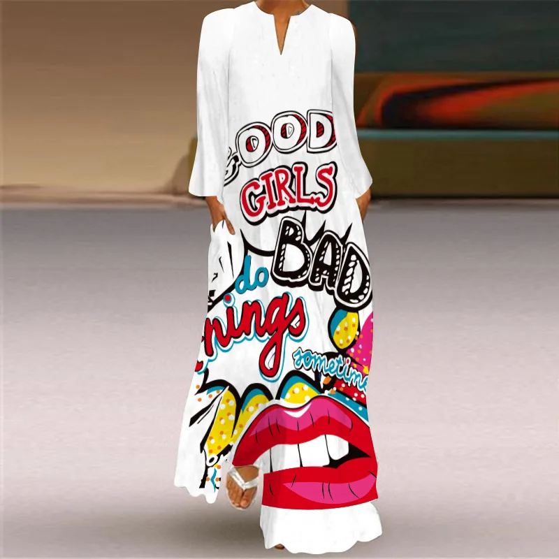Butterfly Printing Women Sundress 2021 Autumn Vintage Long Sleeve V-neck Maxi Dress Elegant Ladies Long Dresses Female Vestidos - Image 3