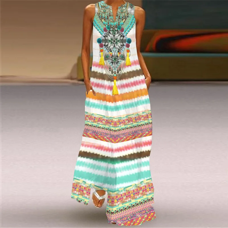 Sexy V-neck Sleeveless Dress For Women Summer Fashion Sundress Retro Print Long Dresses With Pocket Maxi Dress Femme Vestidos - Image 6