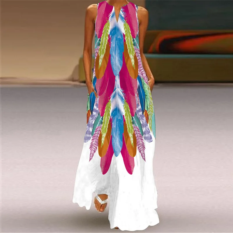 Sexy V-neck Sleeveless Dress For Women Summer Fashion Sundress Retro Print Long Dresses With Pocket Maxi Dress Femme Vestidos - Image 2