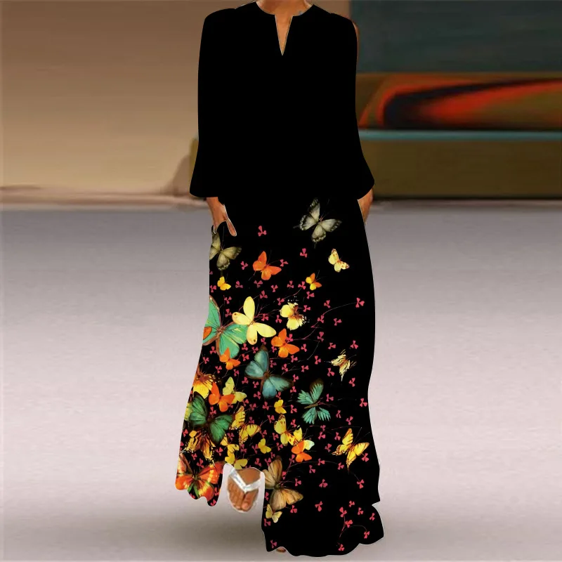 Butterfly Printing Women Sundress 2021 Autumn Vintage Long Sleeve V-neck Maxi Dress Elegant Ladies Long Dresses Female Vestidos