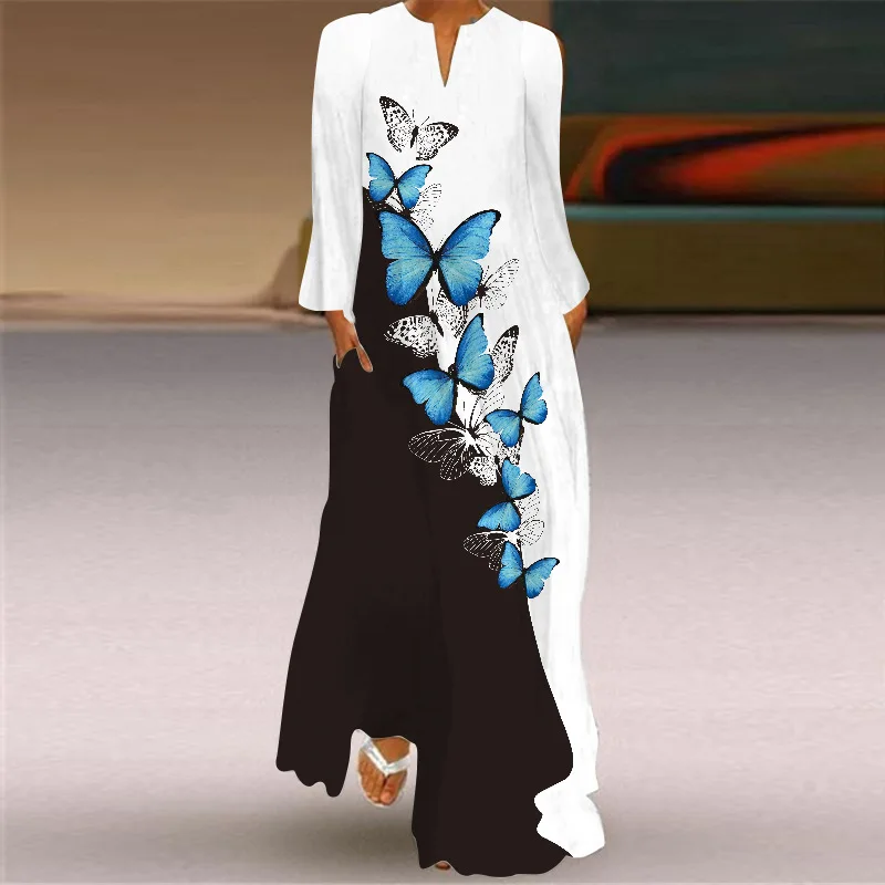 Butterfly Printing Women Sundress 2021 Autumn Vintage Long Sleeve V-neck Maxi Dress Elegant Ladies Long Dresses Female Vestidos - Image 6