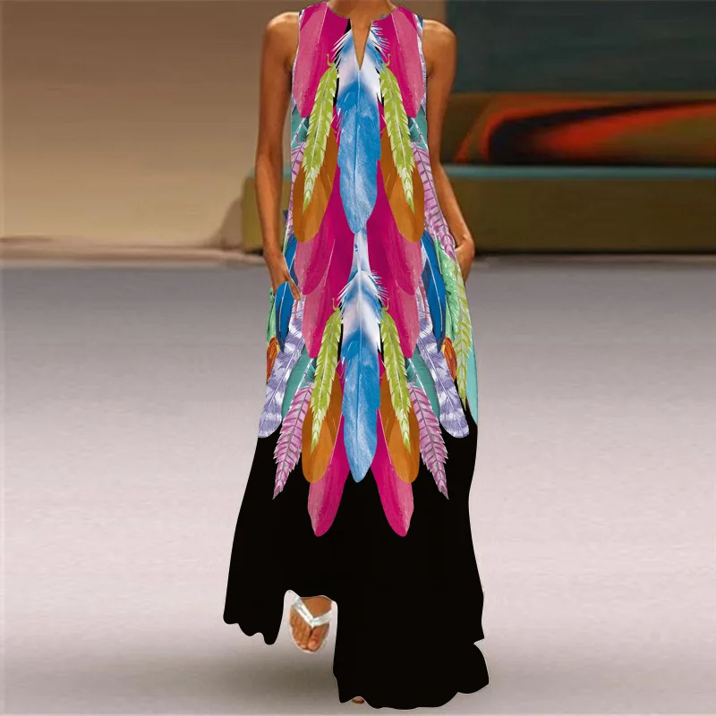 Sexy V-neck Sleeveless Dress For Women Summer Fashion Sundress Retro Print Long Dresses With Pocket Maxi Dress Femme Vestidos - Image 5