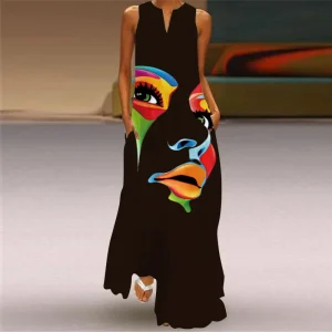 Sexy V-neck Sleeveless Women's Sundress 2022 Summer Fashion Long Dress with Pocket VestidosVintage Print Casual Lady Maxi Dress