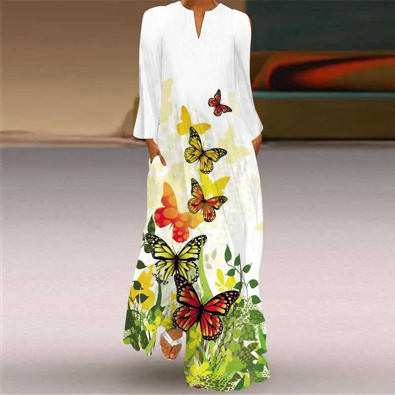 Butterfly Printing Women Sundress 2021 Autumn Vintage Long Sleeve V-neck Maxi Dress Elegant Ladies Long Dresses Female Vestidos - Image 2