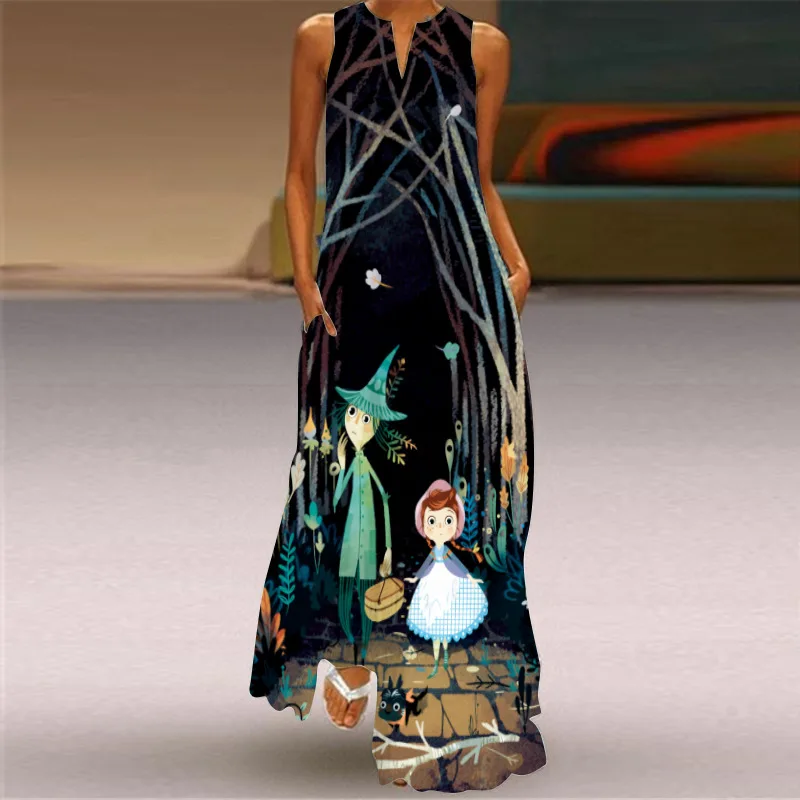 Sexy V-neck Sleeveless Dress For Women Summer Fashion Sundress Retro Print Long Dresses With Pocket Maxi Dress Femme Vestidos - Image 4