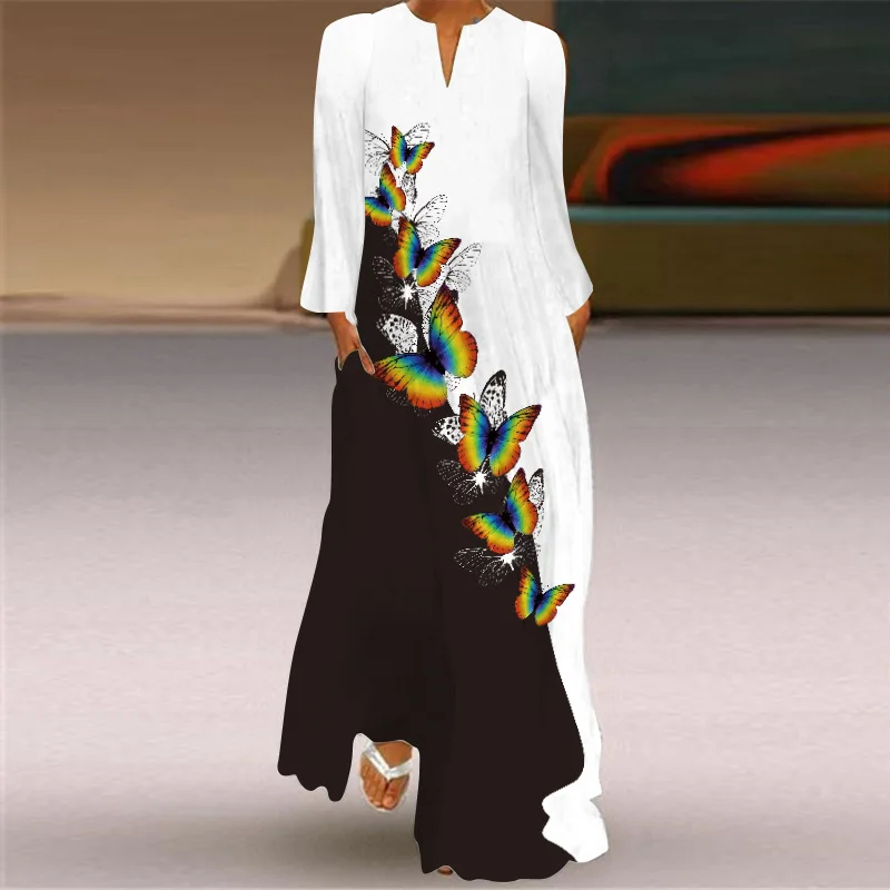 Butterfly Printing Women Sundress 2021 Autumn Vintage Long Sleeve V-neck Maxi Dress Elegant Ladies Long Dresses Female Vestidos - Image 4