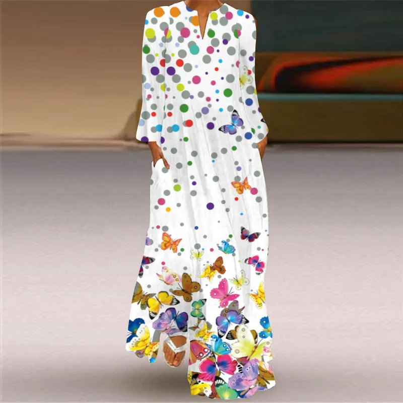 Butterfly Printing Women Sundress 2021 Autumn Vintage Long Sleeve V-neck Maxi Dress Elegant Ladies Long Dresses Female Vestidos - Image 5