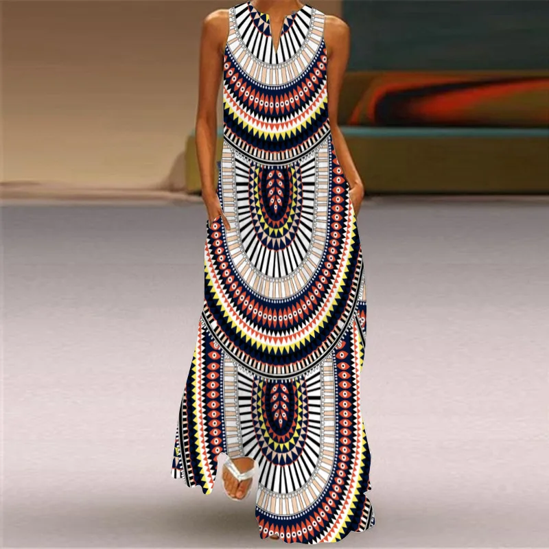 Sexy V-neck Sleeveless Dress For Women Summer Fashion Sundress Retro Print Long Dresses With Pocket Maxi Dress Femme Vestidos - Image 3