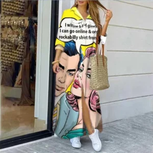 Single Breasted Button Irregular Boho Maxi Dresses Sexy Turn-down Collar Fashion Women Sundress Face Print Shirt Dress Vestido