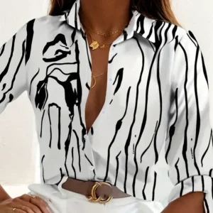 Vintage Print Women T-Shirt Fashion Turn-down Collar Long Sleeve Button Graphic T Shirt Top Casual Ropa De Mujer Ofertas Camisas