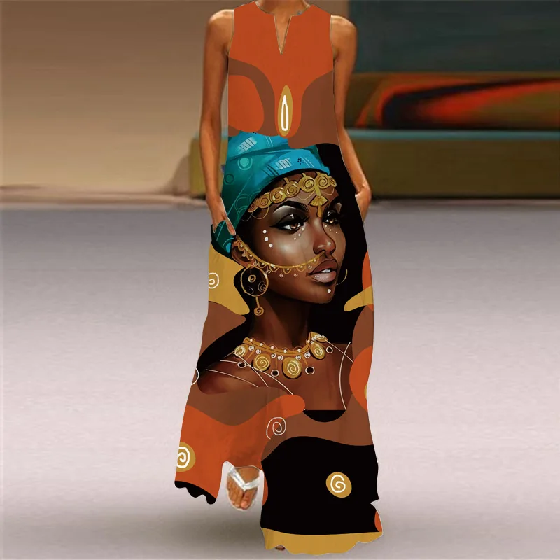 Sexy V-neck Women Maxi Dress Summer Fashion Sleeveless Sundress Retro Print Long Dresses With Pocket Vestidos Robe Maje - Image 2