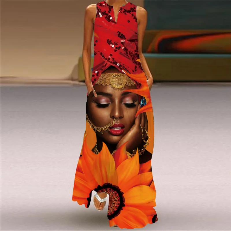 Sexy V-neck Women Maxi Dress Summer Fashion Sleeveless Sundress Retro Print Long Dresses With Pocket Vestidos Robe Maje - Image 4