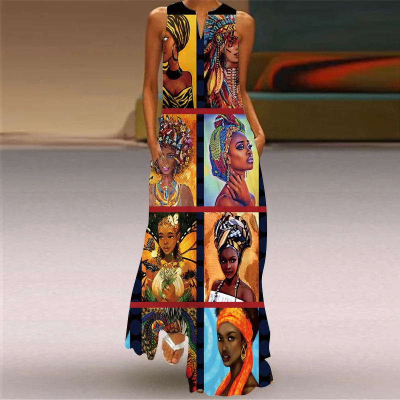 Sexy V-neck Women Maxi Dress Summer Fashion Sleeveless Sundress Retro Print Long Dresses With Pocket Vestidos Robe Maje - Image 6