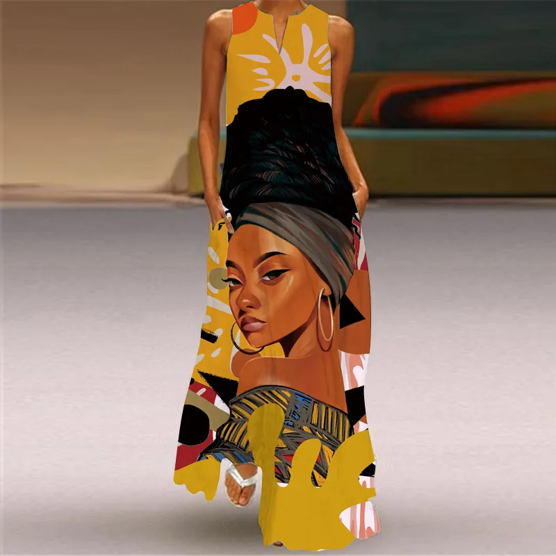 Sexy V-neck Women Maxi Dress Summer Fashion Sleeveless Sundress Retro Print Long Dresses With Pocket Vestidos Robe Maje - Image 3